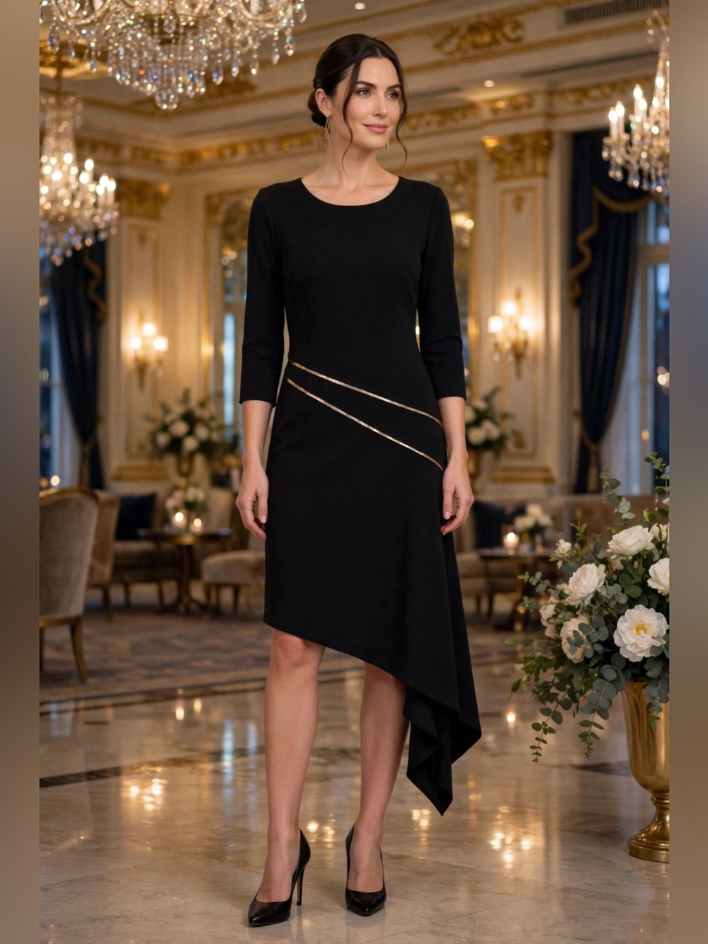 Vince Camuto Dress Womens 8 Black Asymmetric Draped Hem Piping Formal Chic